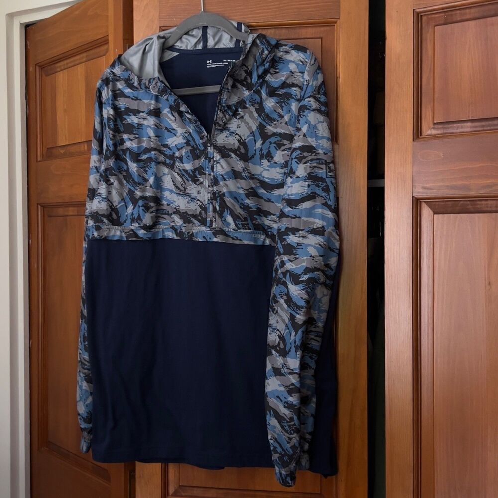 Under Armour UA Mens XL Blue Camo Anorak Windbreaker Jacket Half Zip Pullover